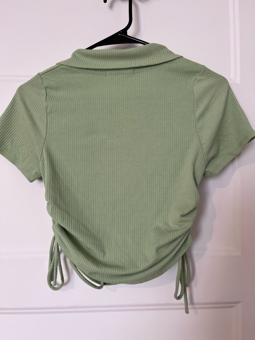 Caution To The Wind Light Sage Ribbed Collared Drawstring Crop Top - Picture 2 of 3